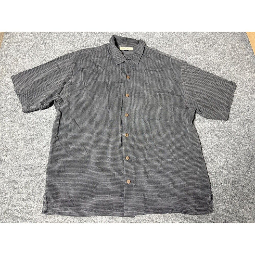 Tommy Bahama Shirt Mens L Gray Short Sleeve Check 100% Silk Button-Up Casual